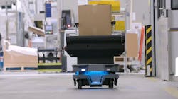 A MiR250 with LCP on the move between production areas in Interroll&rsquo;s Ticino, Switzerland facility.