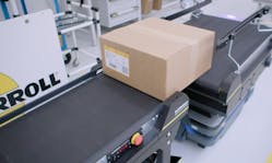 A package is transferred from a MiR250 equipped with Interroll&rsquo;s light conveyor platform to a fixed Interroll conveyor.