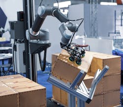 Vacuum gripper moving shipping containers in a warehouse. Not all corrugated materials have the same porosity. Test a comprehensive range of cases, especially cases made with recycled material. Source: Festo