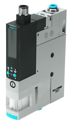 Venturi generators driven by compressed air like this Festo OVEM vacuum generator with IO-Link provide high pressure low flow, while vacuum pumps deliver low pressure high flow. Source: Festo