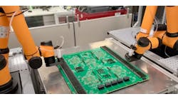 Rapid Robotics&apos; robots featuring custom grippers for printed circuit board assembly.