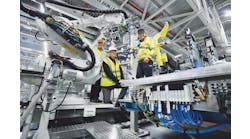 Panel parts are clamped in pneumatically actuated devices and welded, controlled by Festo&rsquo;s CPX/VTSA valve manifolds. Evert Forsberg (left), Lars Kreutner (right), both from Scania, and Leif Lindahl (center) from Festo.